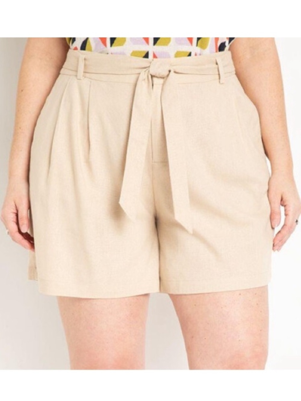 Eloquii Belted Relaxed Linen Shorts Irish Cream Tan Beige High Rise Neutral 18